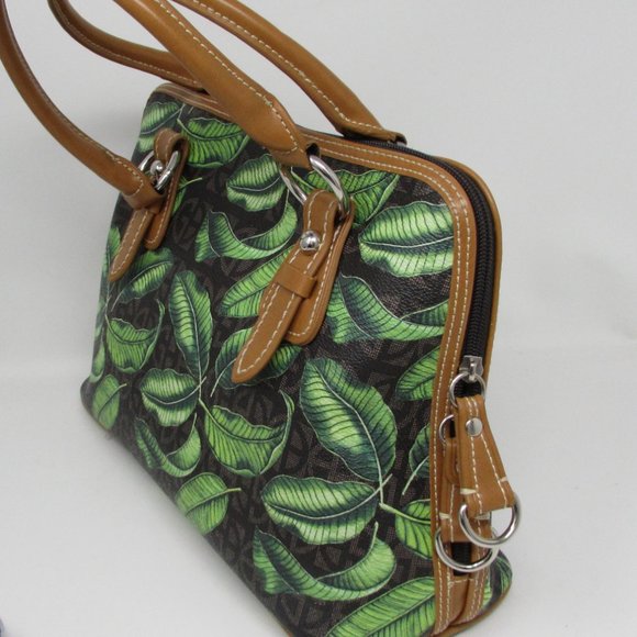 GIANI BERNINI HANDBAG SHOULDER PURSE LEAVES DESIGN GREEN BLACK AND TAN ZIPPERED - Picture 5 of 9